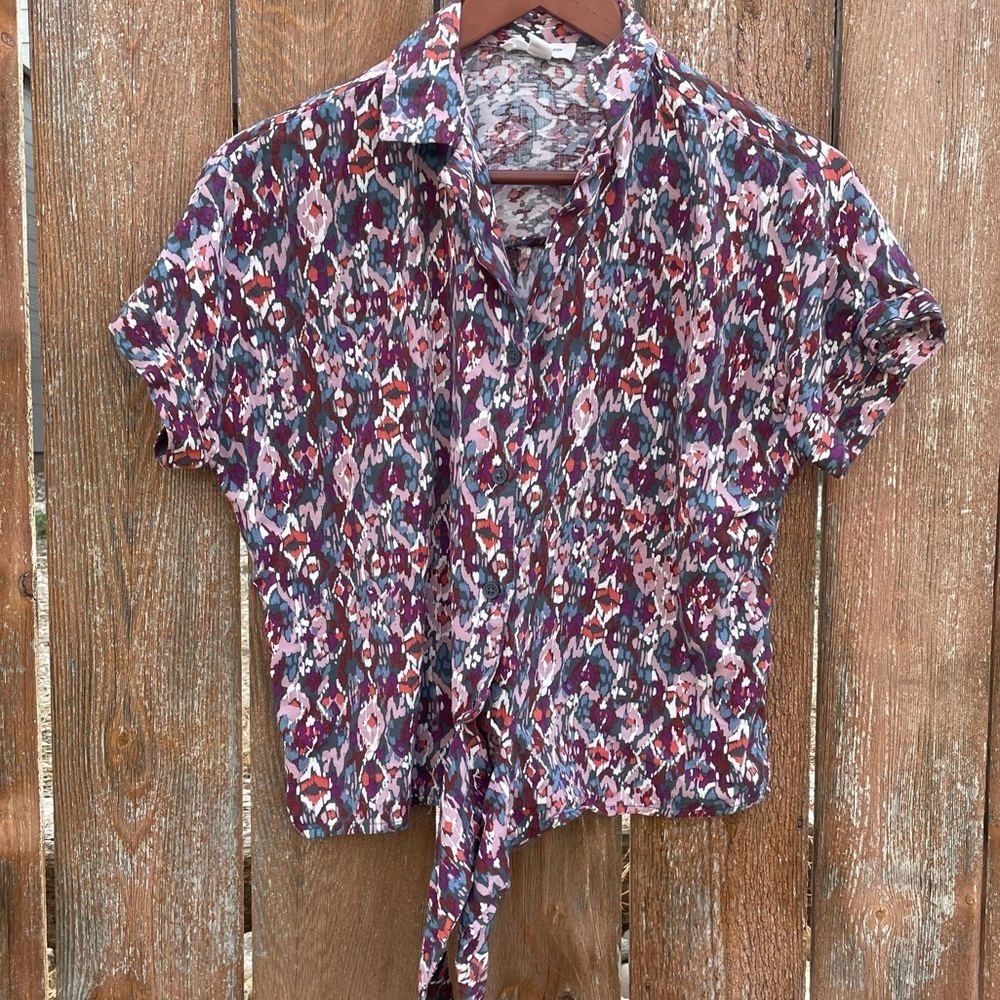 BEACH LUNCH‎ LOUNGE Women’s Purple Blue Short Sleeve Tie Shirt Blouse Size Small